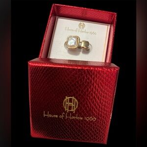 House of Harlow 1960 Gold Ring with Glass Pearl Sz 8